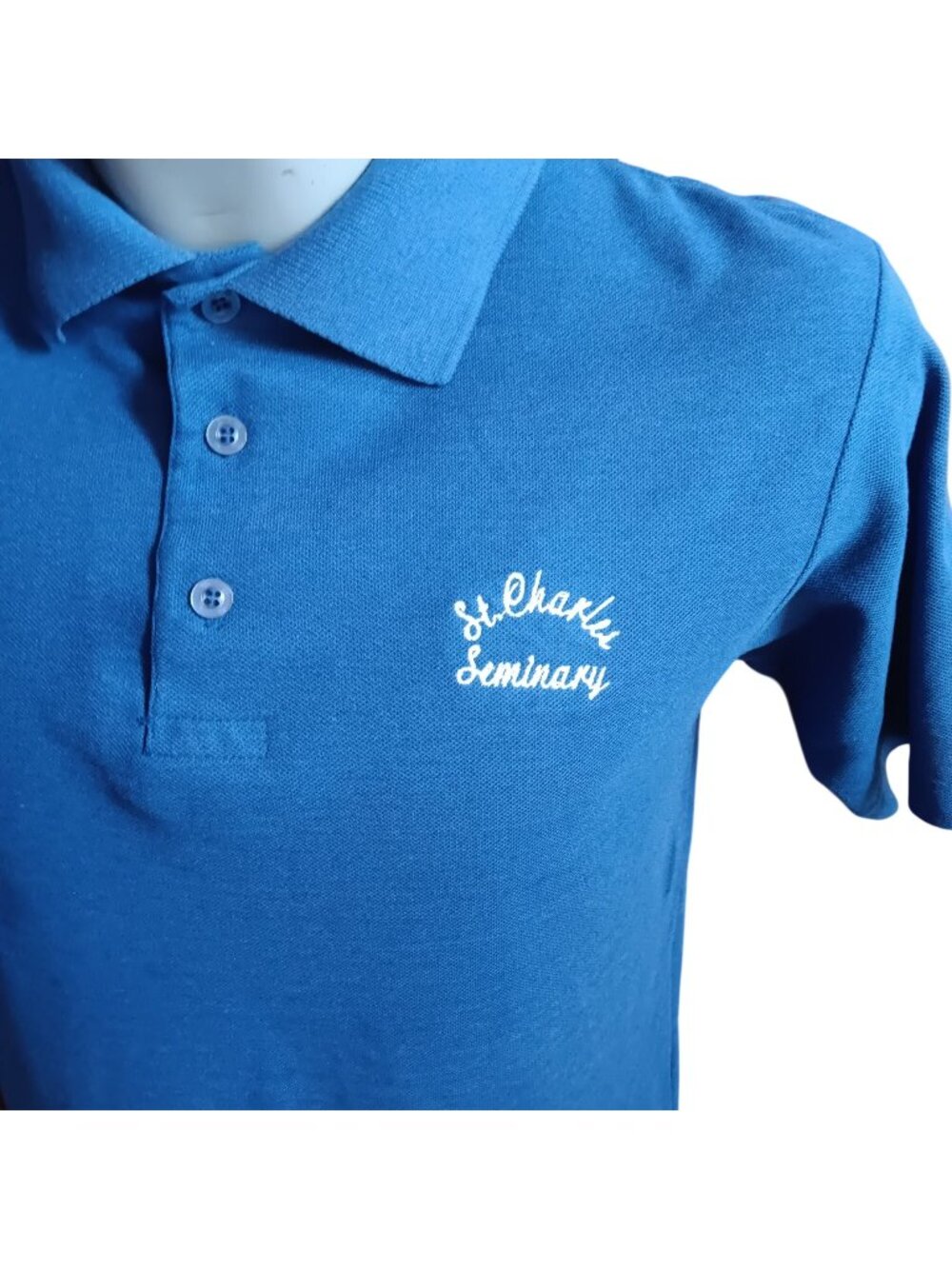 CHAMPION KNIT Vintage Mens Polo Shirt LARGE 80's EMBROIDERED SEMINARY BLUE GOLF